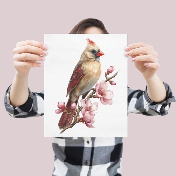 Watercolor Female Cardinal Bird with Flowers Wall Art Print Unframed - Picture 4 of 7